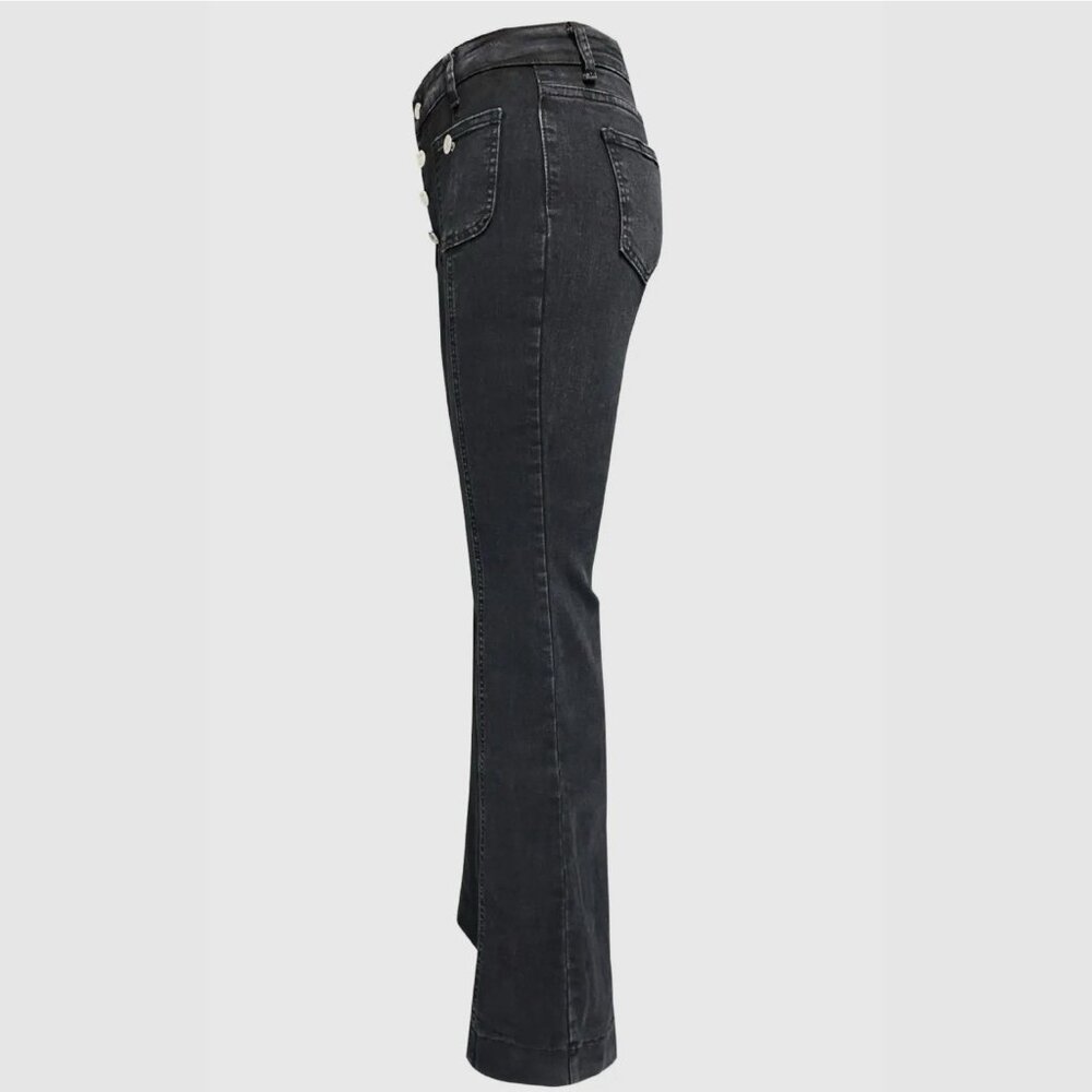 Women Flared Black Jeans Size L High Waist Button Closure Front pockets Stretch - Picture 6 of 7